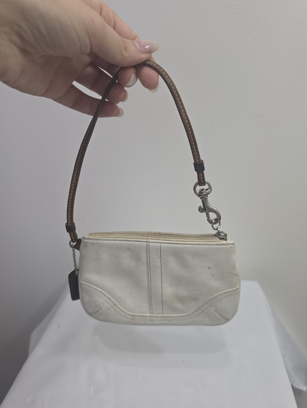 Coach Leather Wristlet Pouch in Off-White with Brown Strap